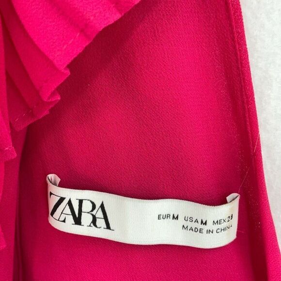 Zara Fushia Pink Plunge V Neck Tie Back Sleeveless Pleated Maxi Dress Medium - Picture 2 of 13